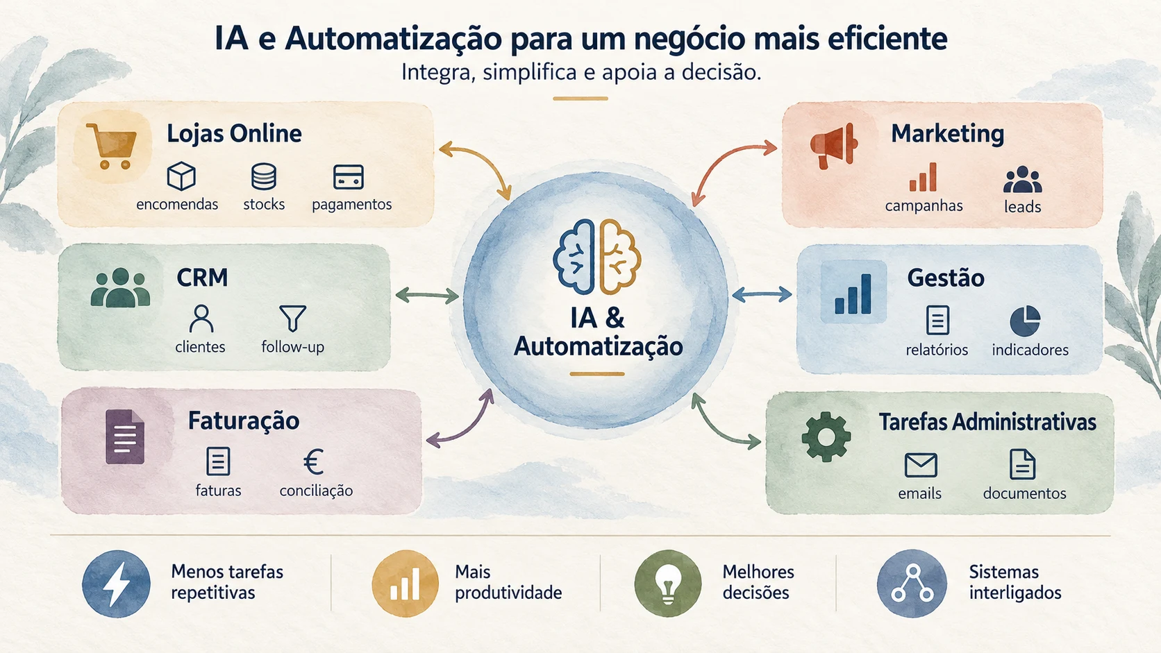 IA e automatização ligam lojas online, CRM, faturação, marketing, gestão e tarefas administrativas. Menos tarefas repetitivas, mais produtividade e melhores decisões.